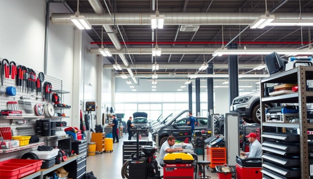 Detailed auto service center interior, well-lit and clean. Foreground showcases a variety of auto parts, tools, and equipment neatly organized on shelves. Middle ground features several mechanics diligently working on vehicles, using state-of-the-art diagnostic equipment. Background depicts a bright, open workshop space with high ceilings, large windows, and modern lighting fixtures. The overall atmosphere conveys a sense of professionalism, efficiency, and a commitment to providing comprehensive automotive care services.