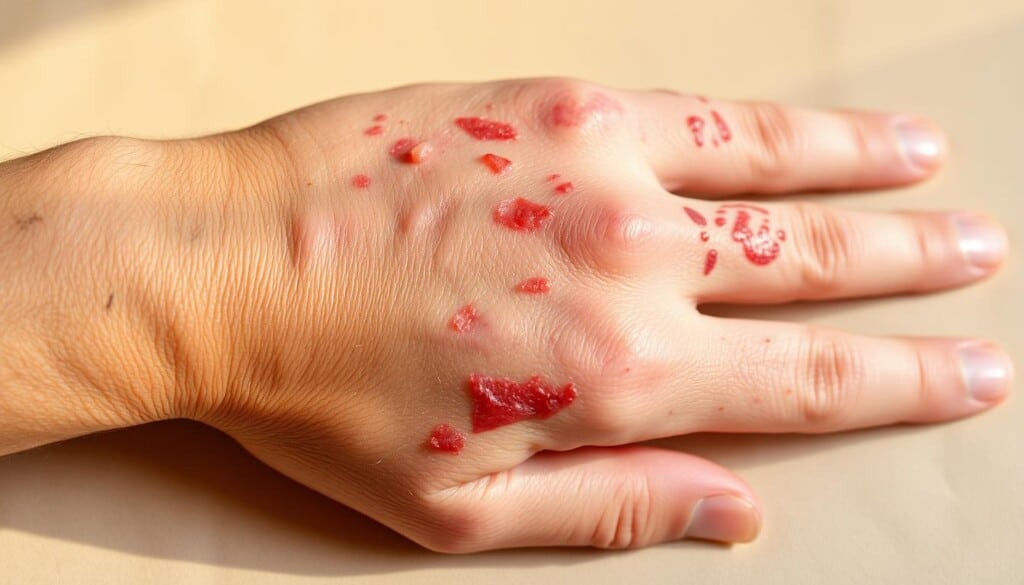 Detailed close-up of a human hand with various allergic skin conditions, including eczema, hives, and rashes. The skin appears inflamed, red, and irritated, with visible bumps, patches, and textural abnormalities. The hand is positioned against a soft, neutral background, allowing the skin issues to be the primary focus. Warm, natural lighting illuminates the scene, creating a sense of clinical inspection. The image conveys the common and troubling nature of these allergic conditions, emphasizing the importance of seeking expert medical care.