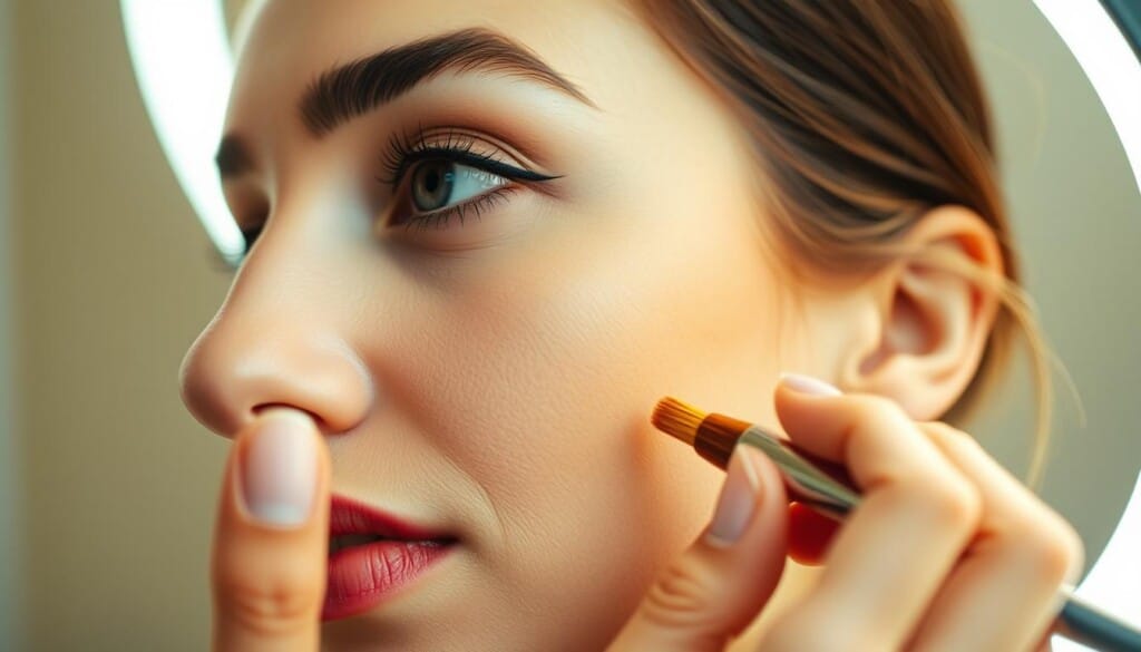 Detailed close-up of a woman's face, applying makeup with a precision brush, highlighting the subtle lines and contours of permanent eyeliner, lip liner, and eyebrow shading. Soft, even lighting from a ring light casts a warm, flattering glow, accentuating the natural features. The background is blurred and uncluttered, allowing the focus to remain on the delicate makeup application process. Captured at a slight upward angle to emphasize the care and technique involved in maintaining permanent cosmetic enhancements. Conveys a sense of routine self-care and confidence in one's appearance.