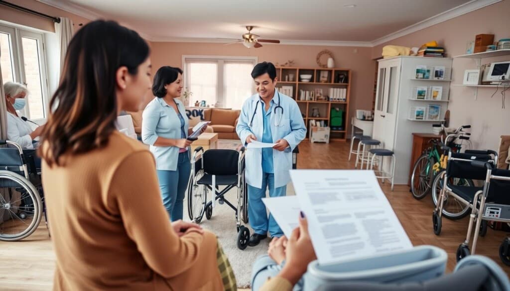 Detailed financial options for home health care services. Foreground: family discussing various payment plans, insurance coverage, and government assistance programs with a healthcare professional. Middle ground: wide range of medical equipment and supplies, including wheelchairs, walkers, and monitoring devices. Background: warm, inviting home interior with natural lighting, suggesting the comfort and convenience of in-home care. Soft, muted color palette conveys the seriousness and sensitivity of the subject matter. Angle: slightly elevated, providing a panoramic view of the scene. Mood: informative, reassuring, and empathetic, reflecting the importance of accessible and affordable home health care options.