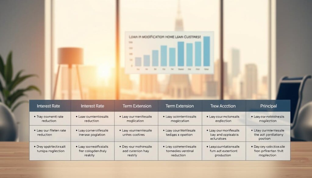 Detailed illustration of various loan modification options against a clean, professional backdrop. Prominent in the foreground, a well-organized table or infographic showcasing different loan modification types, such as interest rate reduction, term extension, and principal forgiveness, with clear icons and concise descriptions. In the middle ground, a subtle financial graph or chart highlighting the potential benefits of each modification. The background features a soft, warm-toned office setting with a large window overlooking a bustling cityscape, conveying a sense of expertise and authority. Crisp, high-resolution rendering with balanced lighting and a shallow depth of field to focus the viewer's attention on the key information.
