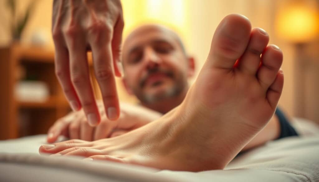 Detailed reflexology foot massage with practitioner's hands applying pressure on specific points. The foreground depicts the patient's feet with the reflexologist's fingers firmly pressing into the soles, stimulating nerve endings. In the middle ground, the reflexologist's face is focused, their expression conveying care and attentiveness. The background is softly blurred, creating a serene, calming atmosphere, with warm, diffused lighting illuminating the scene. The image captures the essence of a professional reflexology session, showcasing the precise, intentional techniques used to promote holistic well-being.