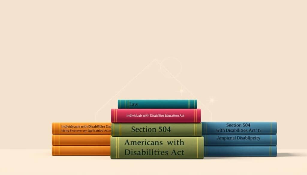 Detailed technical illustration of key special education legislation against a clean, minimalist background. In the foreground, three stacks of law books representing the Individuals with Disabilities Education Act, Section 504, and Americans with Disabilities Act, each with distinct color-coded bindings. Subtle lighting highlights the texture and materiality of the books. In the middle ground, clean geometric shapes and subtle gradients create a sense of balance and order. The background is a soft, muted palette that allows the legislative focus to take center stage. The overall composition conveys a sense of authority, professionalism, and importance of these critical laws shaping special education.