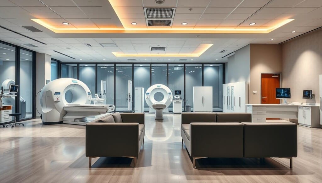 Diagnostic imaging center, a state-of-the-art facility featuring advanced radiology equipment. In the foreground, a modern waiting room with comfortable seating and sleek, minimalist design. The middle ground showcases exam rooms equipped with the latest MRI, CT, and ultrasound machines, their gleaming surfaces and intricate mechanisms conveying a sense of precision and cutting-edge technology. The background depicts a well-lit, open-plan layout with high ceilings, large windows, and a calming, natural color palette, creating a welcoming and professional atmosphere. Soft, directional lighting illuminates the space, casting a warm glow and emphasizing the center's commitment to patient comfort and care.