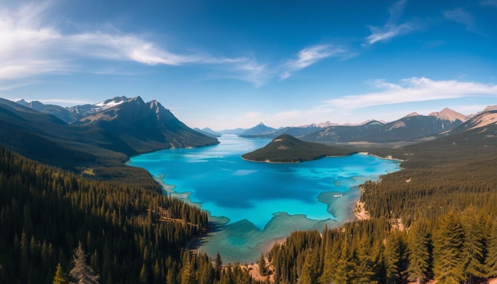 Dramatic aerial view of the most beautiful and serene natural lakes in the United States, with crystal-clear turquoise waters, surrounded by lush forests, towering mountains, and picturesque landscapes. Capture the tranquil ambiance with soft, warm lighting and a wide-angle lens to showcase the majestic scale of these pristine bodies of water. Depict a sense of awe and wonder, inviting the viewer to imagine themselves immersed in the breathtaking scenery of America's top lake destinations.
