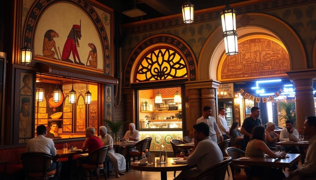 Egyptian Food Restaurants - a vibrant culinary oasis in the heart of the USA. Bustling storefronts adorned with hieroglyphic murals and intricate arched entryways. Inside, the warm glow of lanterns casts a cozy ambiance, as the air is perfumed with the aromatic spices of sizzling kofta and the tantalizing scent of freshly baked pita. Servers in traditional galabeyas gracefully weave through the lively dining room, delivering plates of creamy hummus, tender lamb tagine, and sweet baklava. Patrons relax on plush cushions, sipping fragrant mint tea and discussing the nuances of Egyptian cuisine. This is a feast for the senses, a cultural experience that transports you to the banks of the Nile, right in your own neighborhood.