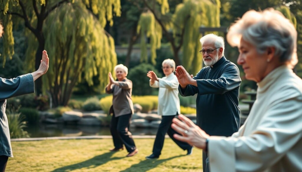 Elderly people practicing Tai Chi in a serene outdoor setting. A lush garden in the background, with a tranquil pond and willow trees. The foreground shows a group of seniors moving gracefully through the Tai Chi forms, their expressions calm and focused. Soft, diffused lighting casts a warm glow, creating an atmosphere of peace and mindfulness. The camera angle is slightly elevated, capturing the fluid movements and the sense of community among the practitioners. The scene conveys the timelessness and accessibility of Tai Chi, suitable for individuals of all ages.
