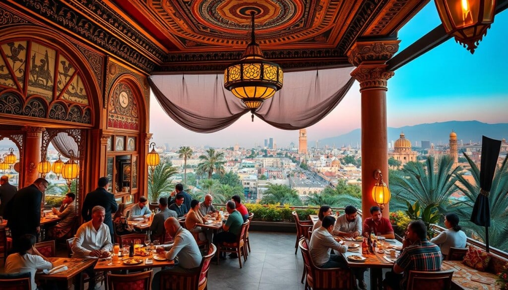 Elegant and vibrant Egyptian restaurants in major U.S. cities, showcasing authentic cuisine and captivating ambiance. Ornate interiors with intricate architecture, vibrant textiles, and rich, earthy tones. Bustling scenes of diners enjoying traditional dishes like kushari, shawarma, and baklava, set against a backdrop of lush greenery and picturesque cityscapes. Warm, golden lighting illuminates the scene, creating a welcoming and immersive atmosphere. A fusion of ancient traditions and modern sophistication, capturing the essence of the best Egyptian culinary experiences in America.