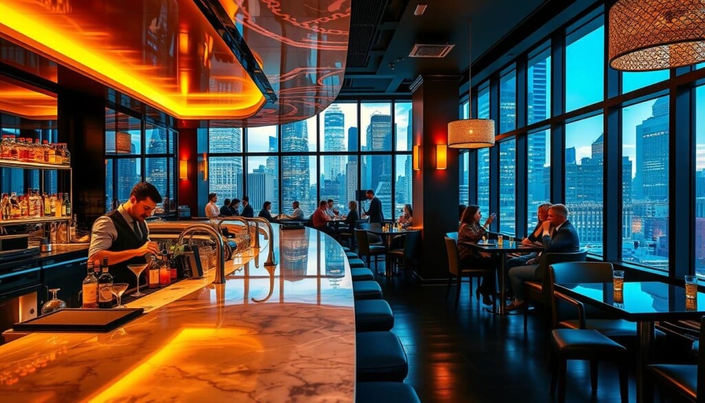 Elegant cocktail bars in downtown Chicago, illuminated by warm, amber lighting and sleek, modern furnishings. The foreground features a sophisticated bartender skillfully mixing drinks at a polished marble counter, with customers sipping on crafted concoctions. In the middle ground, patrons engage in lively conversation at high-top tables, while the background showcases the city's iconic skyline through large windows, creating a dynamic, vibrant atmosphere. The scene evokes a sense of urban sophistication, where the art of mixology and the energy of the city converge to create an unforgettable nightlife experience.