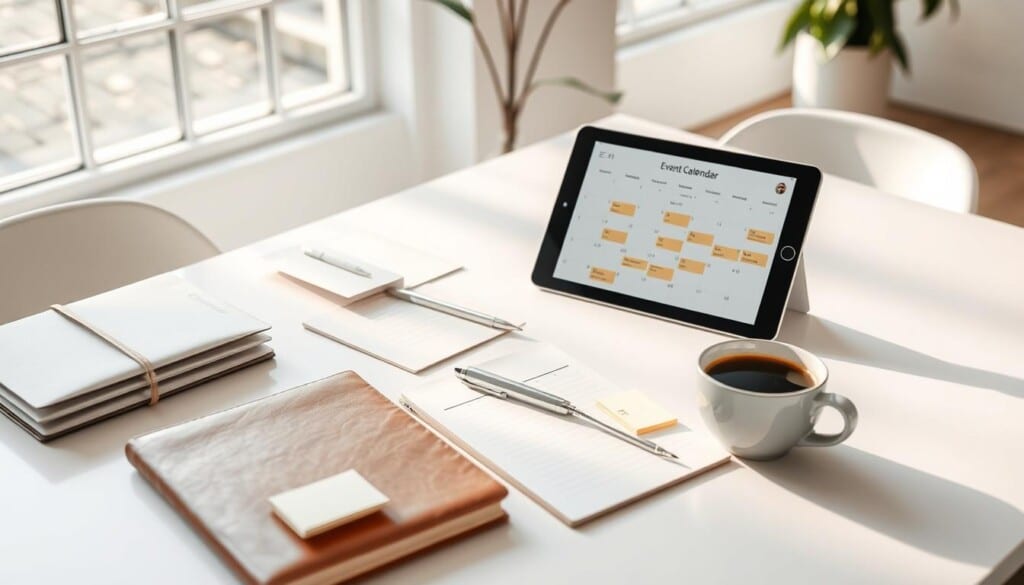 Elegant event planning resources laid out on a modern, minimalist desk. Crisp white stationery, sleek silver pen, and a tablet displaying a shareable digital calendar. Soft natural light filters through large windows, creating a serene, professional atmosphere. Meticulously organized sticky notes, a leather notebook, and a cup of fresh coffee complete the refined, productivity-focused scene. The scene exudes a sense of organization, efficiency, and attention to detail - key elements for successful event planning.