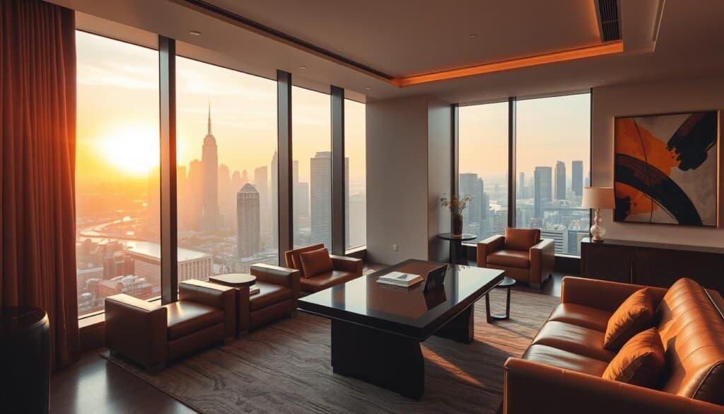 Elegant executive suite in a high-rise building, flooded with warm natural light from floor-to-ceiling windows. Plush leather seating, a polished wooden desk, and modern abstract artwork adorn the spacious room. A panoramic city skyline visible in the background, with skyscrapers silhouetted against a golden sunset. The scene conveys a sense of prestige, productivity, and refinement, creating an aspirational work environment for discerning professionals.