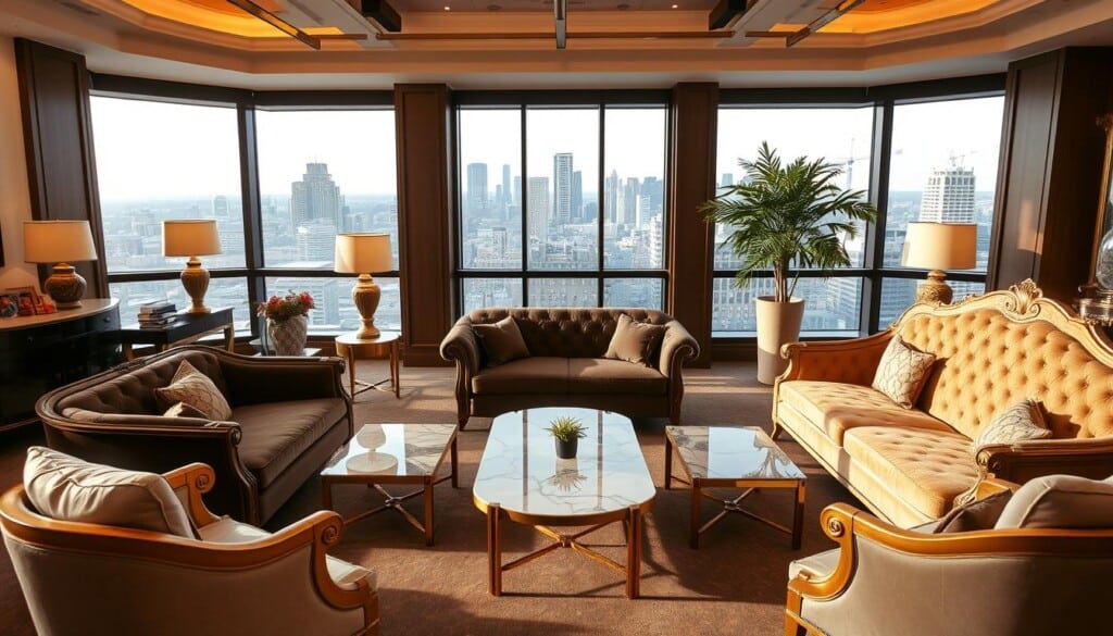Elegant party furniture rental display in a high-end showroom. Plush velvet sofas, gilded armchairs, and marble-topped coffee tables arranged in a tasteful, inviting layout. Soft, warm lighting casts a cozy glow, highlighting the luxurious materials and impeccable craftsmanship. Wide windows offer a view of a city skyline in the background, creating a sophisticated, metropolitan ambiance. The composition has a balanced, symmetrical design, conveying a sense of refined, professional party rental services.