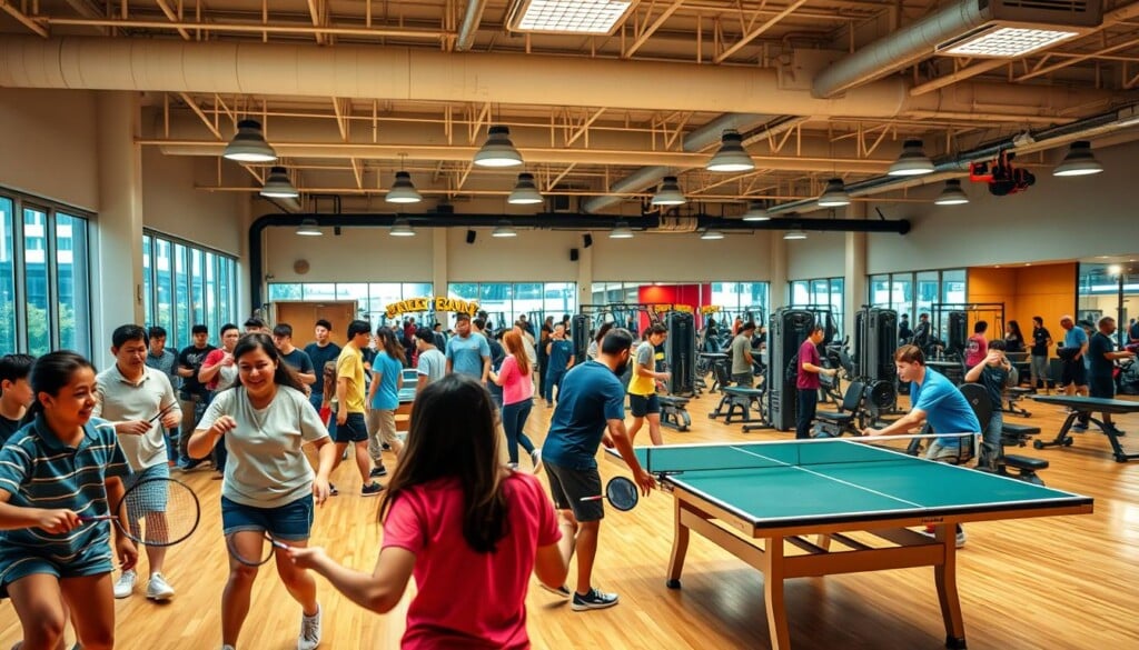 Engaging local leisure centers, bustling with vibrant activity. In the foreground, families enjoying a lively game of badminton, their laughter echoing through the well-lit hall. The middle ground showcases a group of friends challenging each other in an intense table tennis match, their concentrated expressions illuminated by the warm glow of overhead lighting. In the background, a state-of-the-art gym facility, where individuals of all ages push their limits on the latest fitness equipment, creating an atmosphere of dedication and self-improvement. The scene is captured with a wide-angle lens, highlighting the diverse range of recreational opportunities available at this thriving community hub, bathed in a warm, inviting ambiance.
