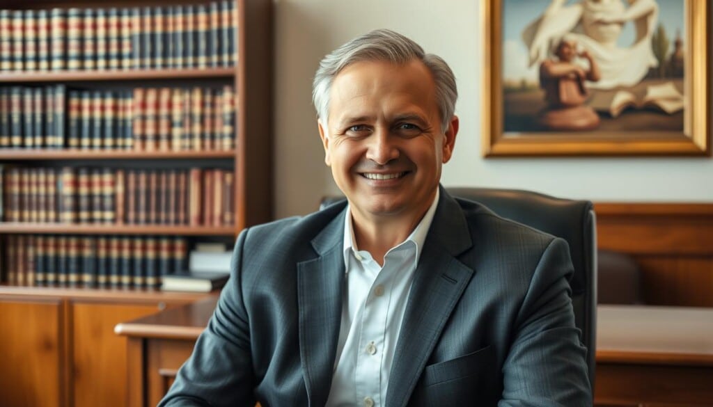 Experienced Attorney A distinguished-looking individual seated in a well-appointed office, clad in a sharp charcoal gray suit and a crisp white shirt. Their face exudes an air of confidence and professionalism, with a warm yet authoritative gaze. The background features a bookshelf adorned with leather-bound volumes, a large oak desk, and a tasteful piece of artwork on the wall, creating an atmosphere of expertise and gravitas. Soft, directional lighting casts subtle shadows, highlighting the subject's features and lending a sense of depth and dimension to the scene. The overall composition conveys the impression of a seasoned, trustworthy legal professional, ready to provide exceptional counsel and representation.
