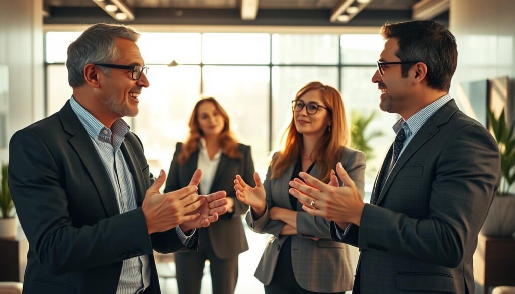 Experienced real estate brokers, their faces etched with the wisdom of countless transactions, standing confidently in a modern office setting. Warm, natural lighting casts a cozy glow, highlighting their sharp, professional attire. In the middle ground, they gesticulate animatedly, engaged in a lively discussion, conveying their expertise. The background features sleek, minimalist decor, suggesting an upscale, contemporary environment. An air of authority and trusted guidance permeates the scene, inviting the viewer to envision these brokers as the go-to experts in their field.