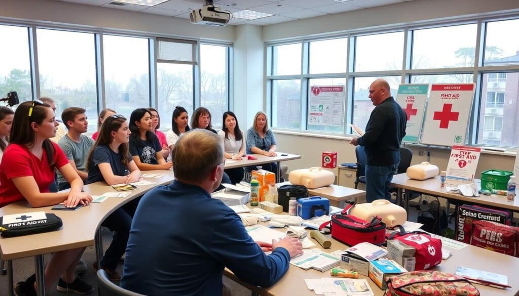 First Aid Classes: A Hands-On Experience A well-lit classroom setting, with an arrangement of various first aid kits, bandages, and medical supplies strategically placed on desks. In the foreground, a group of attentive students observe a demonstration by an instructor, their faces full of concentration as they absorb the life-saving techniques. The middle ground showcases a mix of practical equipment, such as CPR dummies and medical charts, creating an atmosphere of clinical professionalism. The background features large windows, allowing natural light to flood the space and convey a sense of openness and accessibility. The overall mood is one of learning, empowerment, and the determination to be prepared for emergencies.