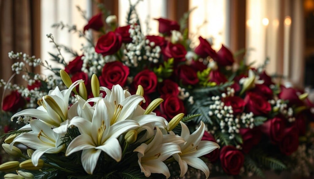 Funeral floral arrangements, delicately crafted with a somber elegance. In the foreground, a lush bouquet of white lilies, their petals gently unfurling, conveying a sense of purity and reverence. Surrounding the central arrangement, a cascading display of mournful roses, their deep crimson hues evoking the depth of emotion. In the middle ground, a mix of greenery, ferns, and subtle accents of baby's breath, adding a touch of tranquility. The background is softly lit, casting a warm, contemplative glow, emphasizing the solemn beauty of the scene. The overall composition exudes a sense of dignified remembrance, honoring the departed with a graceful and compassionate floral tribute.