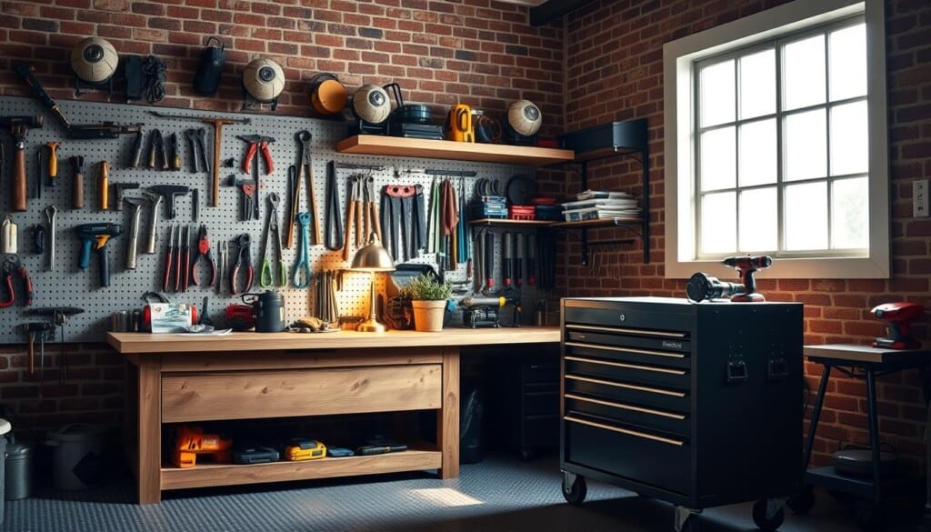 Garage workspace design: a well-organized, industrial-chic sanctuary. Wooden workbench against a brick wall, adorned with hand tools and shelves brimming with hardware essentials. Warm, directional lighting casts a cozy glow, illuminating a metal pegboard showcasing an array of neatly hung implements. In the foreground, a sturdy, rolling tool chest stands ready, its drawers containing an assortment of power tools. The middle ground features a vintage-inspired lamp and a small, potted plant, adding a touch of nature. In the background, a large window allows natural light to filter in, complementing the man-made materials. The overall atmosphere exudes functionality, efficiency, and a touch of craftsmanship.
