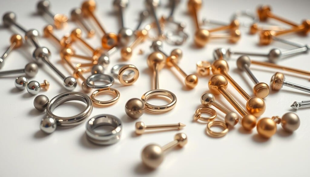 High-quality close-up of various piercing jewelry materials spread out on a clean, well-lit surface. Includes an assortment of surgical steel, titanium, and 14k gold body jewelry in shapes like labrets, rings, studs, and barbells. Jewelry is arranged neatly and evenly, with a focus on the intricate details, finishes, and craftsmanship. Soft, even lighting creates a bright, airy atmosphere that highlights the sleek, metallic textures. Camera is positioned at a slight downward angle to capture the full range of materials in an organized, visually appealing layout.