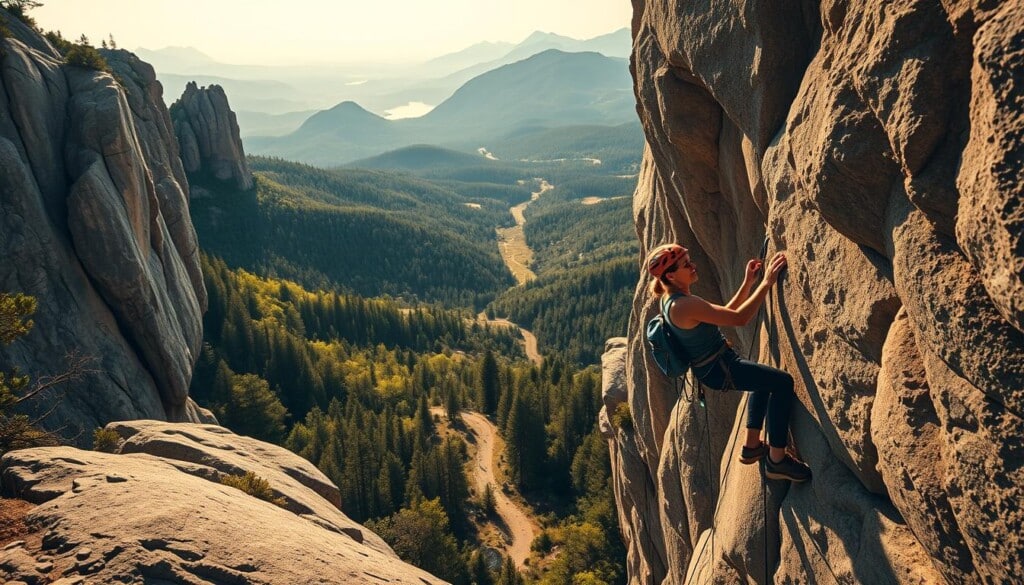 High-resolution photograph of local climbing spots, showcasing a variety of natural rock formations and terrain. In the foreground, a group of experienced climbers ascend a challenging rock face, their chalk-covered hands and focused expressions capturing the thrill of the sport. The middle ground reveals a panoramic view of the surrounding landscape, with lush forests, winding trails, and distant peaks framing the scene. Warm, golden sunlight filters through the canopy, casting a soft, natural glow over the entire composition. The angle is slightly elevated, providing a sense of depth and emphasizing the scale and grandeur of the climbing environment. The overall mood is one of adventure, exploration, and a deep connection to the great outdoors.