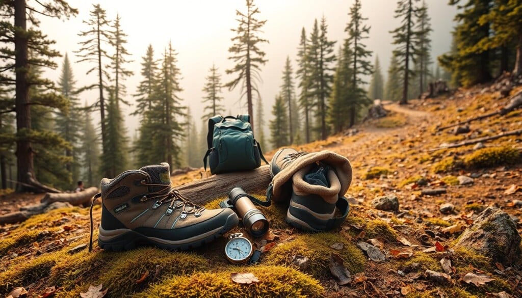 Hiking gear arranged on a rugged, natural terrain. In the foreground, a sturdy pair of hiking boots, a compass, and a water bottle rest on a bed of moss and fallen leaves. In the middle ground, a backpack, a warm fleece jacket, and a headlamp sit atop a fallen log. Behind them, towering pine trees and a winding trail lead into a misty, mountainous backdrop. Warm, diffused sunlight filters through the canopy, casting a golden glow over the scene. The overall atmosphere conveys a sense of adventure, preparedness, and the immersive experience of hiking in the great outdoors.