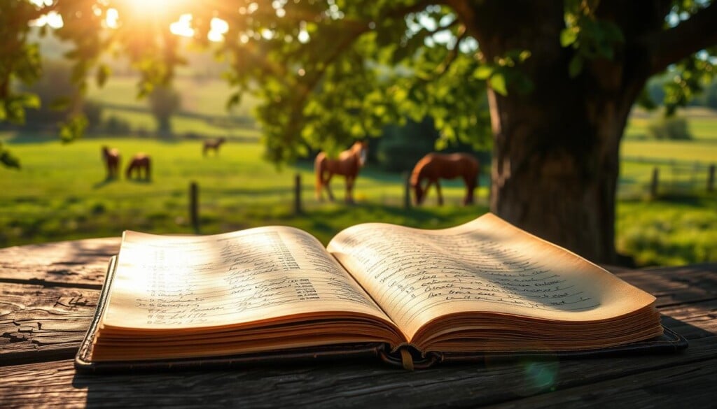 Horse boarding reviews: a close-up view of a well-worn leather-bound journal, its pages filled with handwritten comments and ratings. The journal rests on a weathered wooden table, surrounded by a lush, verdant landscape. Sunlight filters through the leaves of a nearby tree, casting a warm, golden glow over the scene. In the background, a serene, rolling pasture can be seen, dotted with grazing horses. The overall mood is one of thoughtful contemplation, as if the viewer is about to delve into the experiences and insights of fellow horse owners.