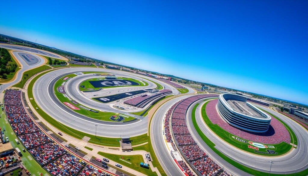 Iconic Race Tracks: Daytona International Speedway, Indianapolis Motor Speedway, Talladega Superspeedway Dramatic aerial view showcasing three of America's most renowned racetracks - Daytona's sweeping tri-oval, Indianapolis' historic Brickyard, and Talladega's massive high-banked superspeedway. The tracks are surrounded by lush greenery and punctuated by grandstands filled with racing fans. Bright sunlight bathes the scene, casting long shadows and highlighting the sleek, aerodynamic shapes of the race cars as they hurtle around the circuits. Powerful engines roar, tires grip the asphalt, and the thrill of high-speed competition permeates the atmosphere. This is the essence of iconic American motorsports.
