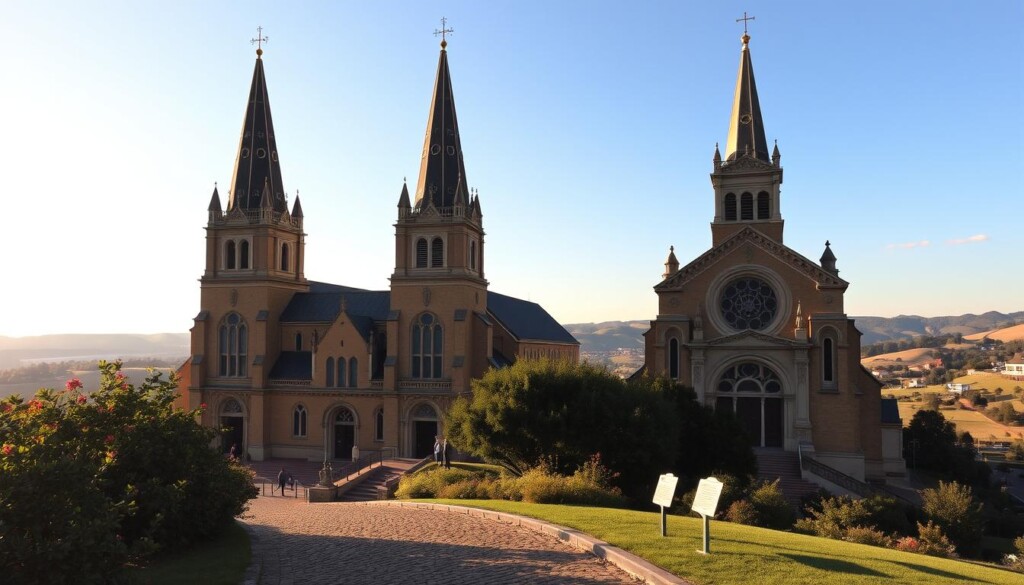 Iconic churches rise in majestic splendor, their steeples reaching skyward against a golden hue. Intricate Gothic and Romanesque architectural details adorn the facades, casting dramatic shadows under warm, directional lighting. In the foreground, a cobblestone path leads visitors towards the grand entrances, while in the middle ground, lush foliage and historical markers provide a sense of timeless heritage. The background features a panoramic vista of rolling hills and a cloudless, azure sky, evoking a serene, contemplative atmosphere. Capture the enduring spirit of America's most celebrated places of worship.