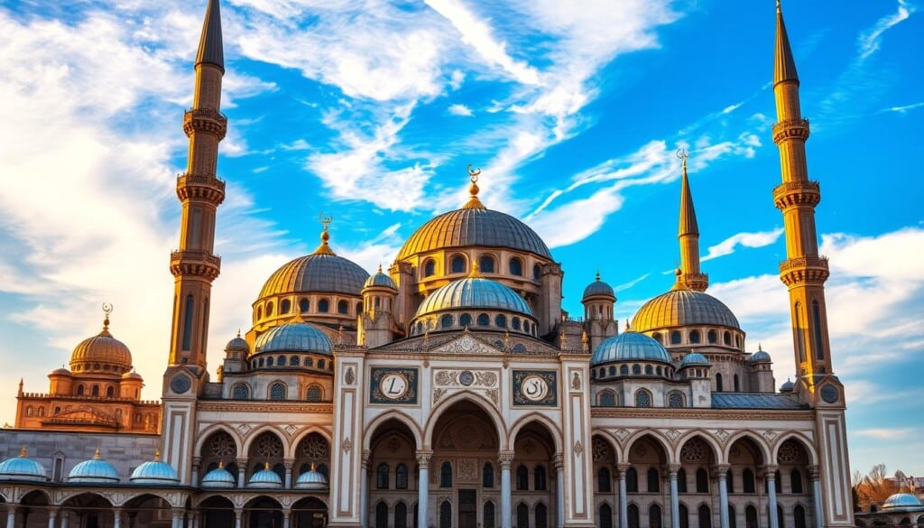 Iconic mosques, towering architectural marvels, adorned with intricate domes, gleaming minarets, and ornate facades. Capture the splendor of these sacred spaces, bathed in warm, golden light, as they stand majestically against a backdrop of vibrant, azure skies. Meticulously render the delicate calligraphy and geometric patterns that grace the interiors, creating an atmosphere of reverence and tranquility. Showcase the diverse styles, from the grand, Ottoman-inspired mosques of Istanbul to the striking, modern masterpieces of the Middle East. Freeze a moment of serenity, where the faithful gather to worship, and the world pauses to admire the timeless beauty of these iconic sanctuaries.