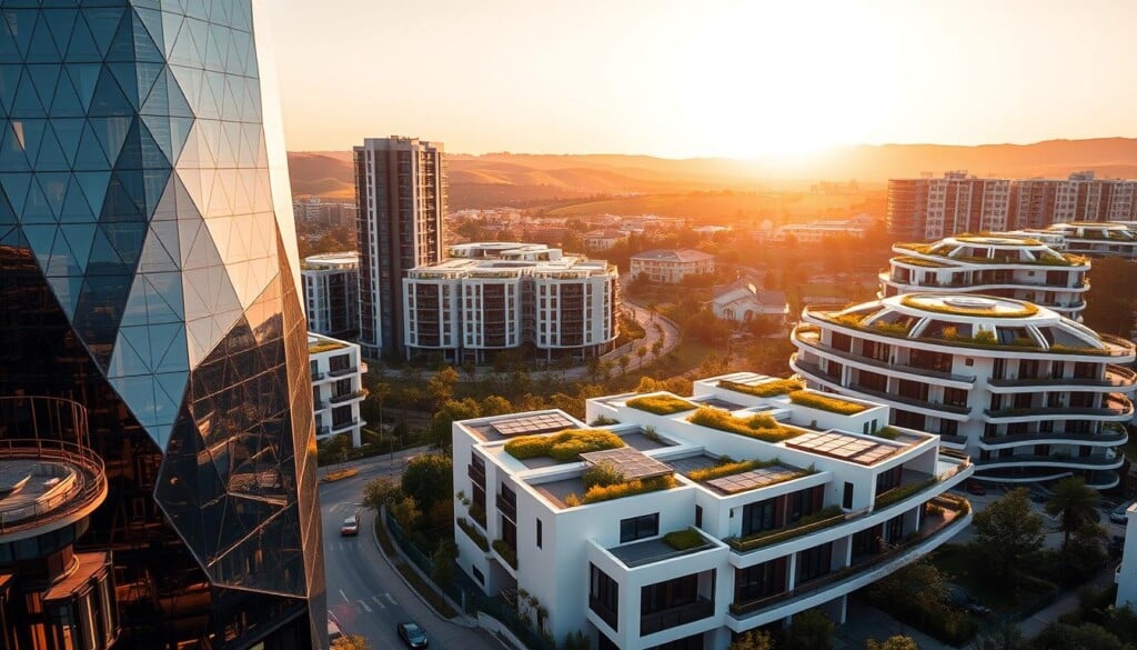 Innovative real estate projects, a panoramic view of futuristic architectural marvels. In the foreground, a dazzling glass-and-steel high-rise, its geometric facade reflecting the warm glow of the setting sun. In the middle ground, sleek, eco-friendly townhouses with rooftop gardens and solar panels. The background showcases a modern mixed-use development, its curving lines and cascading terraces blending seamlessly with the rolling hills. The scene is bathed in a soft, golden light, evoking a sense of progress and sustainability. The compositions utilize dynamic angles and perspectives to highlight the dynamic, forward-thinking nature of these real estate innovations.