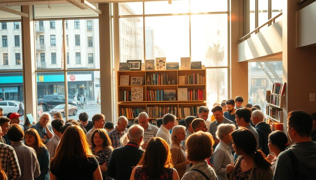Intimate community gathering within a vibrant public space, bathed in warm, golden lighting. In the foreground, a diverse group of people engaged in lively discussion, sharing ideas and experiences. In the middle ground, shelves brimming with books, artworks, and educational materials, suggesting a hub of learning and creativity. In the background, large windows offer glimpses of bustling city streets, creating a sense of connection to the wider community. The overall atmosphere is one of inclusivity, collaboration, and a shared sense of purpose, capturing the spirit of engaging with one's local community.