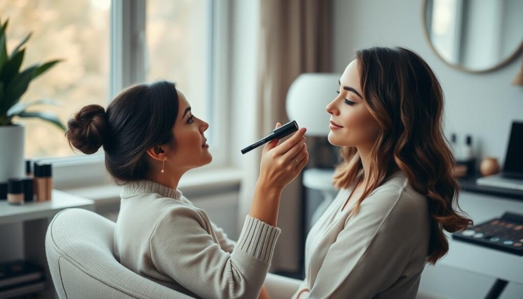 Intimate makeup artist consultation in a cozy, well-lit studio. The client sits comfortably in a plush chair, her face angled towards the artist's skilled hands. Soft, diffused lighting from a large window bathes the scene, highlighting the artist's careful application of foundation, blush, and mascara. The client's expression is serene, trusting the professional's expertise to enhance her natural features. Subtle, high-quality makeup tools and a tidy workspace convey the artist's meticulous attention to detail. An aura of tranquility and expertise permeates the scene, capturing the essence of a transformative makeup consultation.