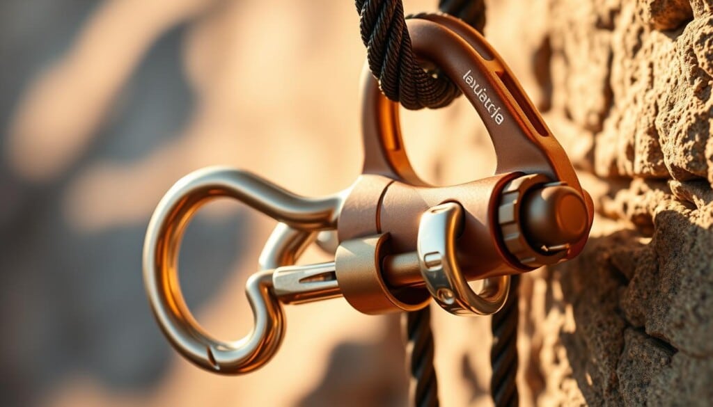 Intricate rock climbing belay device, meticulously crafted from sturdy metal and durable carabiners. A complex mechanism with smooth, fluid motion, designed to securely manage the safety line of a climber. Illuminated by warm, natural lighting, creating a sense of rugged, outdoor adventure. The device is captured from a mid-range perspective, allowing for a detailed examination of its technical components and functionality. The image conveys a mood of precision, reliability, and the critical role of this equipment in facilitating safe, controlled ascents.