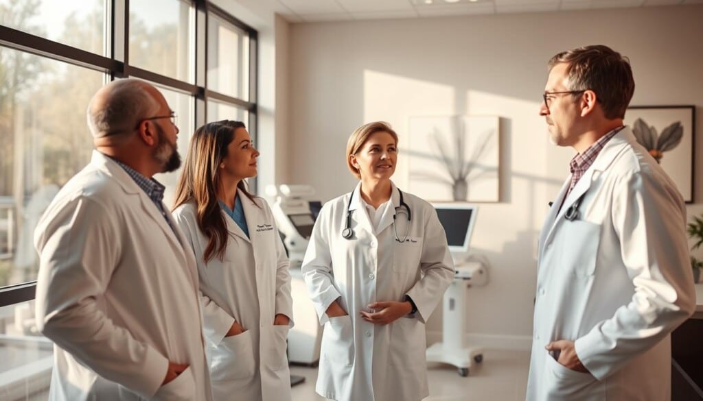 Local anesthesiologists, dressed in crisp white coats, stand in a modern medical office with floor-to-ceiling windows. The soft, natural lighting illuminates their attentive expressions as they consult with patients, discussing personalized pain management plans. In the background, sleek medical equipment and soothing artwork create a calming, professional atmosphere. The anesthesiologists' body language exudes empathy and expertise, conveying their commitment to providing exceptional, individualized care. A sense of trust and collaboration permeates the scene, as patients feel at ease in the hands of these skilled practitioners.