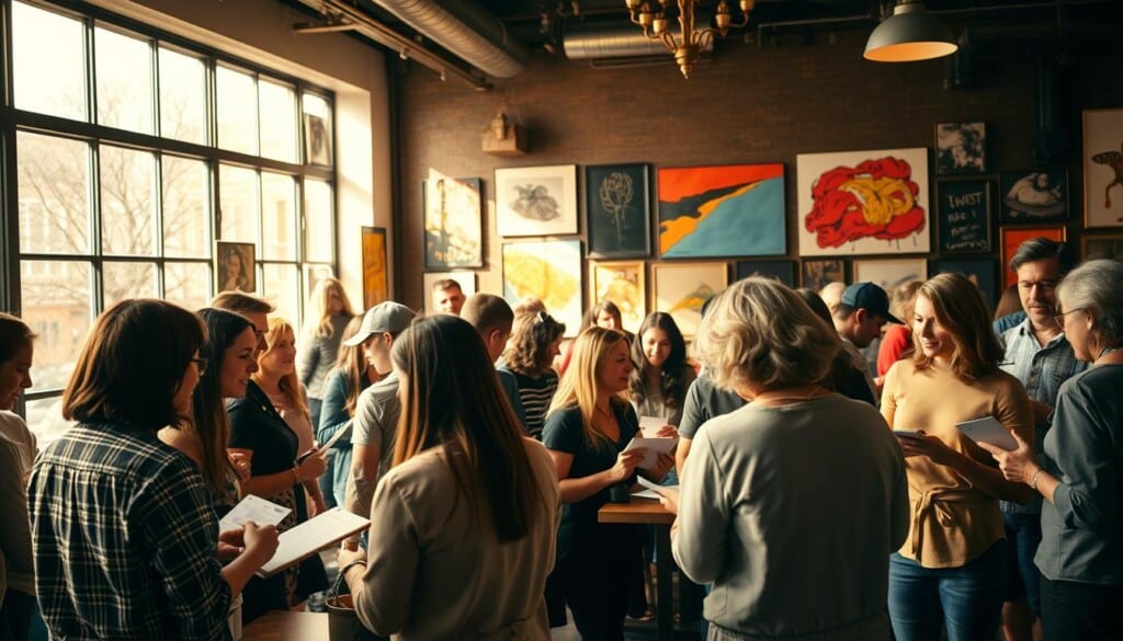Local artists in a vibrant networking event, gathered in a cozy cafe setting. Warm, natural lighting filters through large windows, casting a soft glow on the scene. In the foreground, a group of creatives engaged in lively conversation, exchanging ideas and business cards. In the middle ground, others sit at tables, sketching in notebooks or discussing their latest projects. The background features an eclectic mix of artworks adorning the walls, hinting at the diverse talents on display. A sense of community and collaboration pervades the atmosphere, as the local artists forge meaningful connections to support each other's creative pursuits.