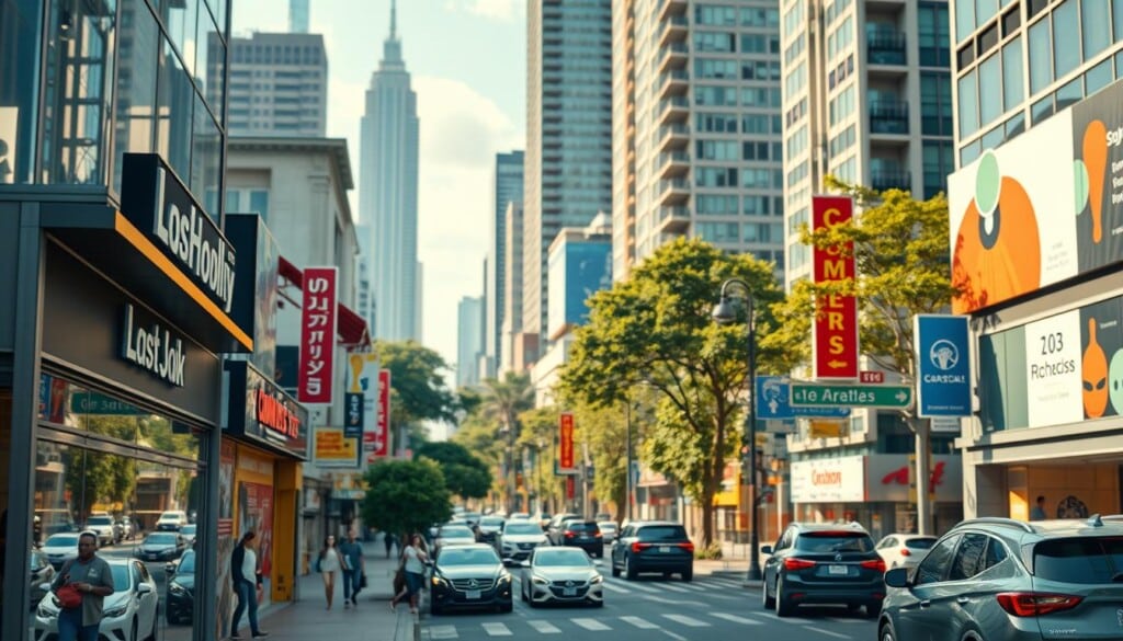 Local business directory, showcasing a vibrant cityscape with modern storefronts and diverse signage. Crisp, high-resolution rendering with a warm, inviting color palette. Foreground features individual business listings in a clean, intuitive layout. Middle ground depicts bustling foot traffic and car movement, conveying a sense of energy and community. Background highlights towering skyscrapers and lush greenery, creating a dynamic urban environment. Soft, diffused lighting casts a natural glow, emphasizing the directory's user-friendly interface and the future of local commerce. Cinematic widescreen composition with a shallow depth of field, drawing the viewer's attention to the directory's key features.