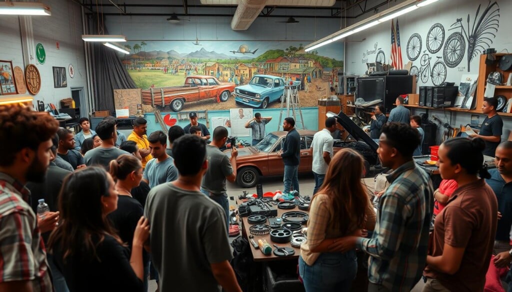 LocalZ Community Support - a vibrant local hub where neighbors gather, collaborate, and uplift one another. In the foreground, a diverse group of individuals engage in lively discussions, exchanging ideas and offering support. The middle ground showcases a well-equipped workshop, where people work on various auto parts and customizations, guided by experienced mentors. In the background, a mural adorns the wall, depicting the rich history and character of the local community. Warm lighting and a cozy atmosphere create an inviting ambiance, encouraging a sense of belonging and shared purpose. Captured through a wide-angle lens, the scene conveys the spirit of togetherness, empowerment, and a collective commitment to quality and innovation.