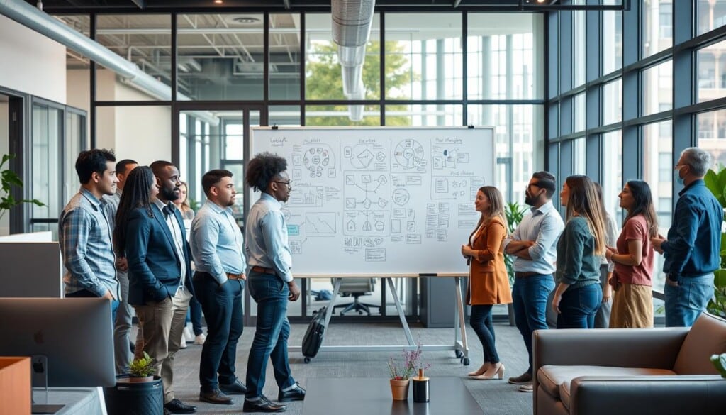 LocalZ community affiliates gathered in a vibrant, collaborative workspace. In the foreground, a diverse group of professionals engage in lively discussions, their faces animated with enthusiasm. Behind them, sleek workstations and modern furniture create a polished, professional atmosphere. In the middle ground, a large whiteboard displays intricate diagrams and brainstorming notes, reflecting the group's innovative problem-solving. The background features floor-to-ceiling windows, allowing natural light to flood the space and create a sense of openness and transparency. The overall mood is one of productivity, camaraderie, and a shared commitment to empowering the local community.