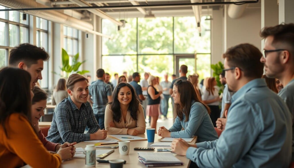 LocalZ community members engaged in various activities in a warm, welcoming atmosphere. In the foreground, a group of diverse individuals are gathered around a table, collaborating on a project or discussing ideas. The middle ground features people mingling and networking, sharing experiences and forming connections. In the background, the space is filled with natural light streaming through large windows, creating a bright and airy ambiance. The overall scene conveys a sense of community, collaboration, and a shared commitment to making a positive impact. Soft, diffused lighting casts a gentle glow, and the camera angle captures the energy and dynamics of the space from a slightly elevated perspective.
