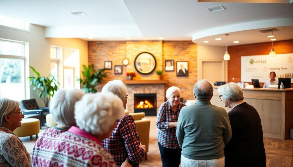 LocalZ senior assistance programs, a vibrant community hub with a warm, welcoming atmosphere. In the foreground, a group of seniors engaged in a lively discussion, their faces lit by the soft glow of natural light filtering through large windows. The middle ground features a cozy lounge area with plush seating and a fireplace, inviting seniors to gather and connect. In the background, a reception desk with a friendly staff member greeting visitors, highlighting the attentive, personalized support offered by the LocalZ team. The overall scene conveys a sense of comfort, belonging, and the nurturing spirit of the assistance programs, designed to empower and enrich the lives of local seniors.