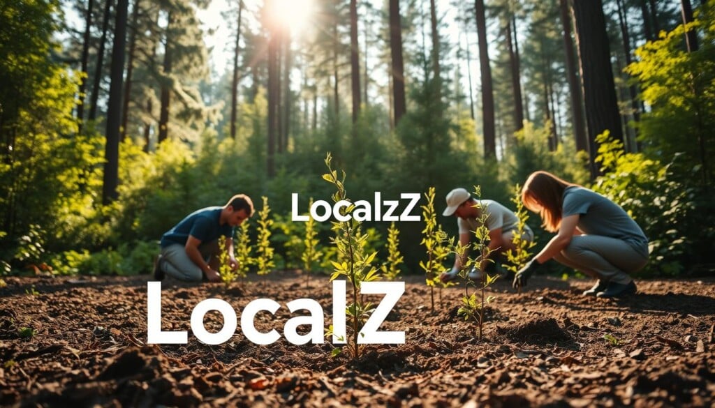 LocalZ team members planting native trees in a lush, verdant forest landscape. Sunlight filters through the canopy, casting warm, golden tones across the scene. In the foreground, volunteers kneel on the rich, earthy soil, carefully tending to the young saplings. Behind them, a backdrop of towering evergreens and vibrant foliage creates a sense of depth and tranquility. The atmosphere is one of dedicated conservation efforts, with the LocalZ logo subtly incorporated into the natural setting, showcasing their commitment to environmental protection.