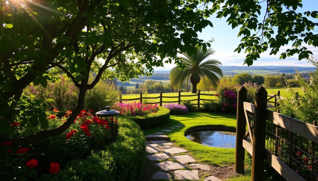 Lush green foliage covers a tranquil landscape, accentuated by vibrant seasonal blooms in a picturesque garden. Sunlight filters through the canopy, casting a warm glow over a stone pathway winding through neatly trimmed hedges and flower beds overflowing with color. A small pond reflects the changing sky, its surface rippling gently in the soft breeze. In the background, a rustic wooden fence frames a serene vista of rolling hills and distant trees, capturing the essence of a harmonious, nature-inspired outdoor oasis.