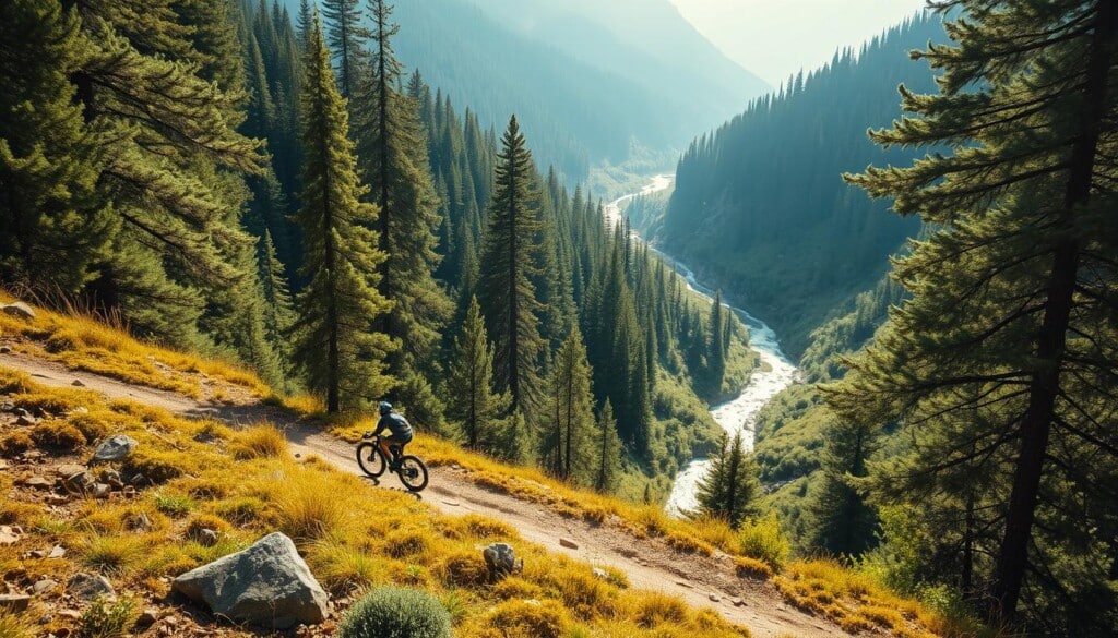 Lush, verdant mountain slopes, the sun's warm rays filtering through the canopy of towering pines. In the foreground, a mountain biker navigates the trail, their sleek, eco-friendly bike gliding effortlessly over the earth-toned terrain. The rider's gear is sustainably sourced, blending harmoniously with the natural surroundings. Farther back, a crystal-clear stream meanders, its gentle sounds adding to the tranquil ambiance. The overall scene embodies the essence of eco-friendly mountain biking, where human and nature coexist in perfect harmony, leaving only the lightest of footprints.