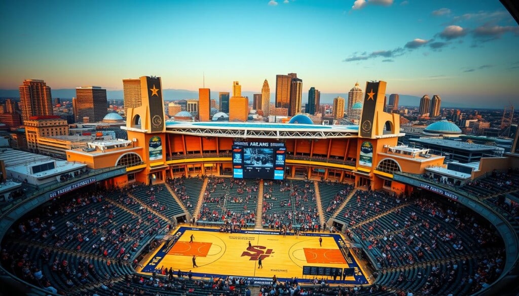 Majestic basketball arenas with a storied history, their towering roofs and gleaming facades standing tall against the urban skyline. Capture the grandeur of these iconic sporting venues, with warm golden lighting illuminating the modern architecture and expansive seating bowls. Courtside action unfolds in the foreground, players dribbling and shooting as passionate fans cheer from the stands. Sweeping aerial perspectives showcase the impressive scale and architectural details that define these beloved basketball cathedrals, creating a sense of awe and anticipation for the thrilling games to come.