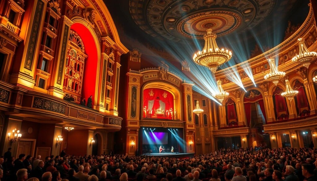 Majestic theaters, ornate opera houses, and intimate concert halls, a vibrant tapestry of performing arts venues. Towering facades bathed in warm lighting, grand entrances beckoning audiences. Plush velvet seats, intricate architectural details, and spotlights illuminating the stage. Musicians, actors, and dancers poised to captivate, the air thick with anticipation. A symphony of sights and sounds, a celebration of human creativity and expression. Elegant chandeliers casting a soft glow, rich curtains framing the performance, and the audience lost in the magic unfolding before them. Diverse in style yet united in their power to inspire, these iconic performing arts venues embody the heart and soul of the creative spirit.