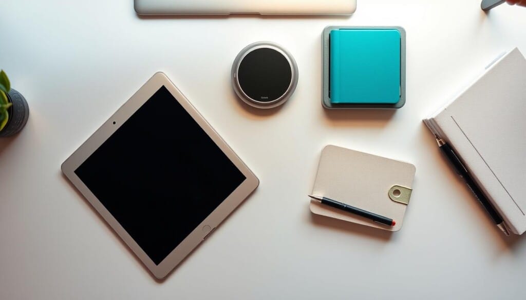 Meticulously arranged set of modern home organization gadgets on a clean, minimalist desk. Sleek, silver-toned tablet, wireless charging station, compact desk organizer, and neatly stacked notebooks capture the essence of technology-enabled home efficiency. Soft, diffused lighting from an overhead source creates a warm, inviting atmosphere, while the camera angle provides an overhead, bird's-eye view to showcase the carefully curated selection of tools. The composition emphasizes the harmony between digital and analog solutions for a clutter-free, organized workspace.