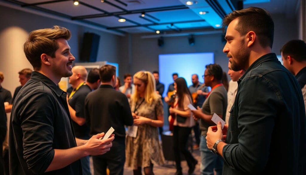 Musicians networking at a lively industry event, warmly engaging in conversation and exchanging business cards under soft, ambient lighting. In the foreground, two up-and-coming artists discuss potential collaboration opportunities, their body language conveying an air of excitement and mutual respect. In the middle ground, a group of producers and recording engineers mingle, animatedly discussing the latest studio techniques. In the background, a jazz trio performs on a small stage, their soulful melodies adding to the vibrant atmosphere. The scene captures the essence of a thriving music community, where emerging talents forge valuable connections and cultivate new creative possibilities.