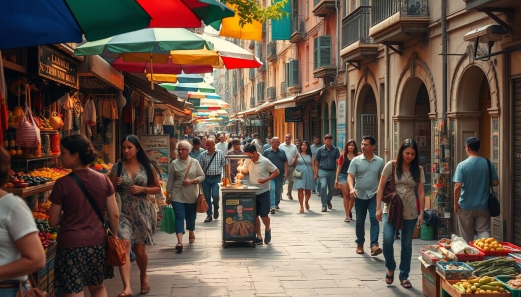 Navigating a bustling street market, pedestrians weave through a kaleidoscope of vibrant stalls. Colorful umbrellas cast dappled shadows on the weathered pavement, as vendors hawk their wares - fresh produce, handcrafted goods, and enticing aromas wafting through the air. In the middle ground, a vendor skillfully prepares a sizzling street food dish, while shoppers pause to examine the eclectic offerings. In the background, a tangle of narrow alleyways and ornate building facades hint at the rich cultural tapestry of the neighborhood. Warm, diffused lighting creates a sense of energy and liveliness, capturing the essence of this lively urban marketplace.