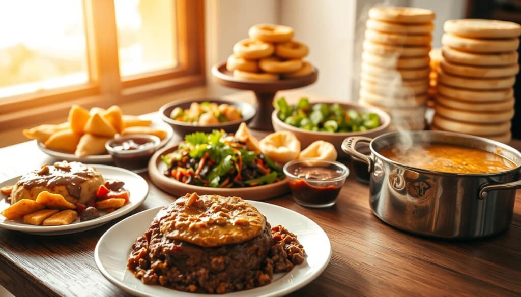 Notable South African dishes arranged on a wooden table, illuminated by warm natural lighting from a window. In the foreground, a plate with succulent bobotie, a rich and savory minced meat casserole. Next to it, a steaming pot of fragrant and creamy Cape Malay curry, its aromatic spices filling the air. In the middle, a platter of crisp vetkoek, golden-fried dough pockets, accompanied by a selection of chutneys and dips. In the background, a vibrant peppery chakalaka salad and a towering stack of fluffy, buttery melktert tarts. The overall scene evokes the diverse flavors and vibrant colors of South African cuisine, inviting the viewer to savor the culinary delights.