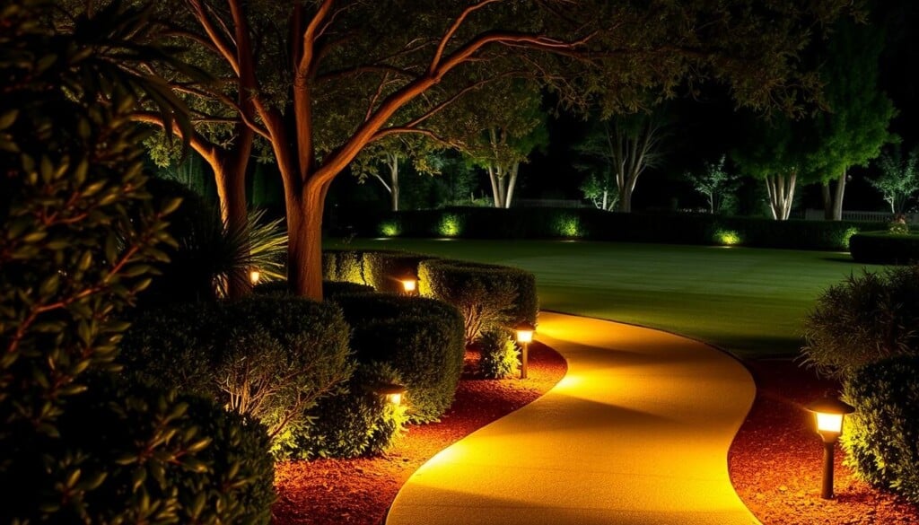 Outdoor LED Lights and Landscape Lighting Benefits A serene nighttime garden scene with a well-lit pathway winding through lush foliage. In the foreground, a collection of warm-toned LED path lights gently illuminate the ground, casting a soft glow. In the middle ground, strategically placed spotlights highlight the vibrant greens and textures of ornamental plants and shrubs. The background features a manicured lawn bordered by tall trees, their branches illuminated by subtle up-lighting, creating a magical ambiance. The overall lighting design seamlessly blends function and aesthetics, showcasing the beauty of the outdoor space while providing practical illumination for safe navigation.